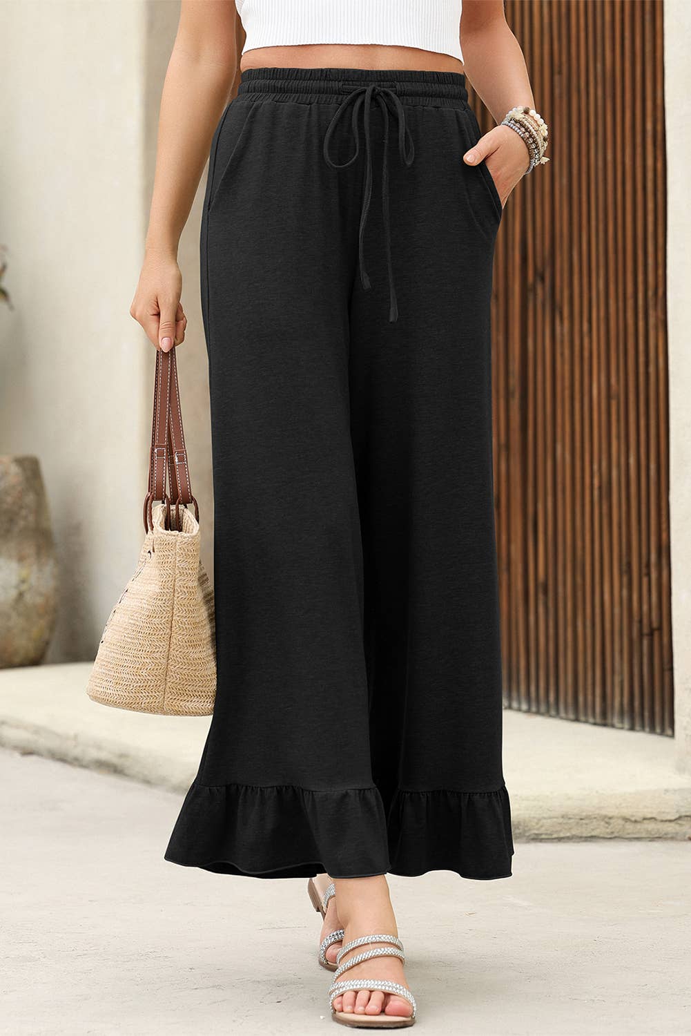 Black Ruffled Wide Leg Pants