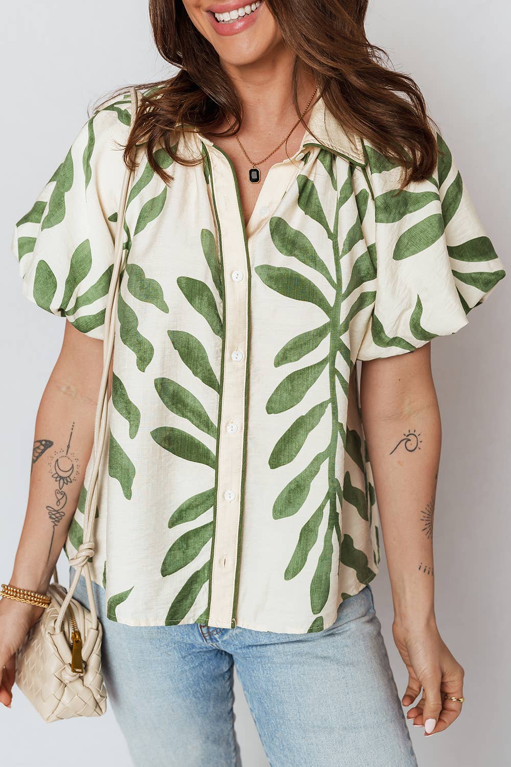 Green Leaf Balloon Sleeve Shirt