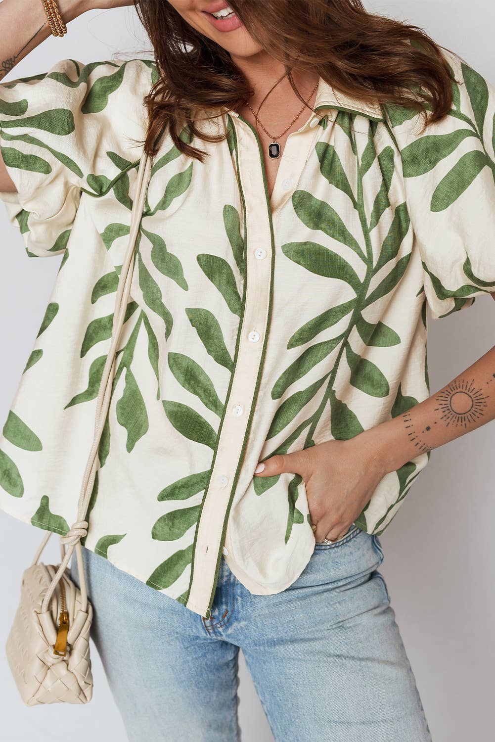 Green Leaf Balloon Sleeve Shirt