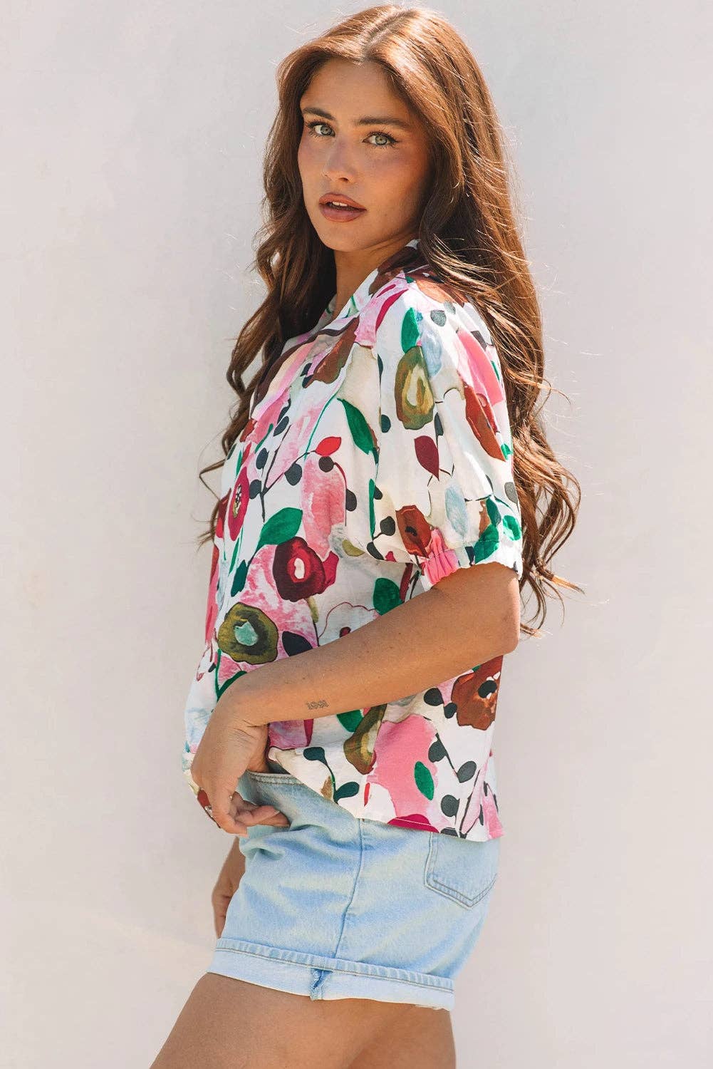 Floral Slit V Neck Blouse