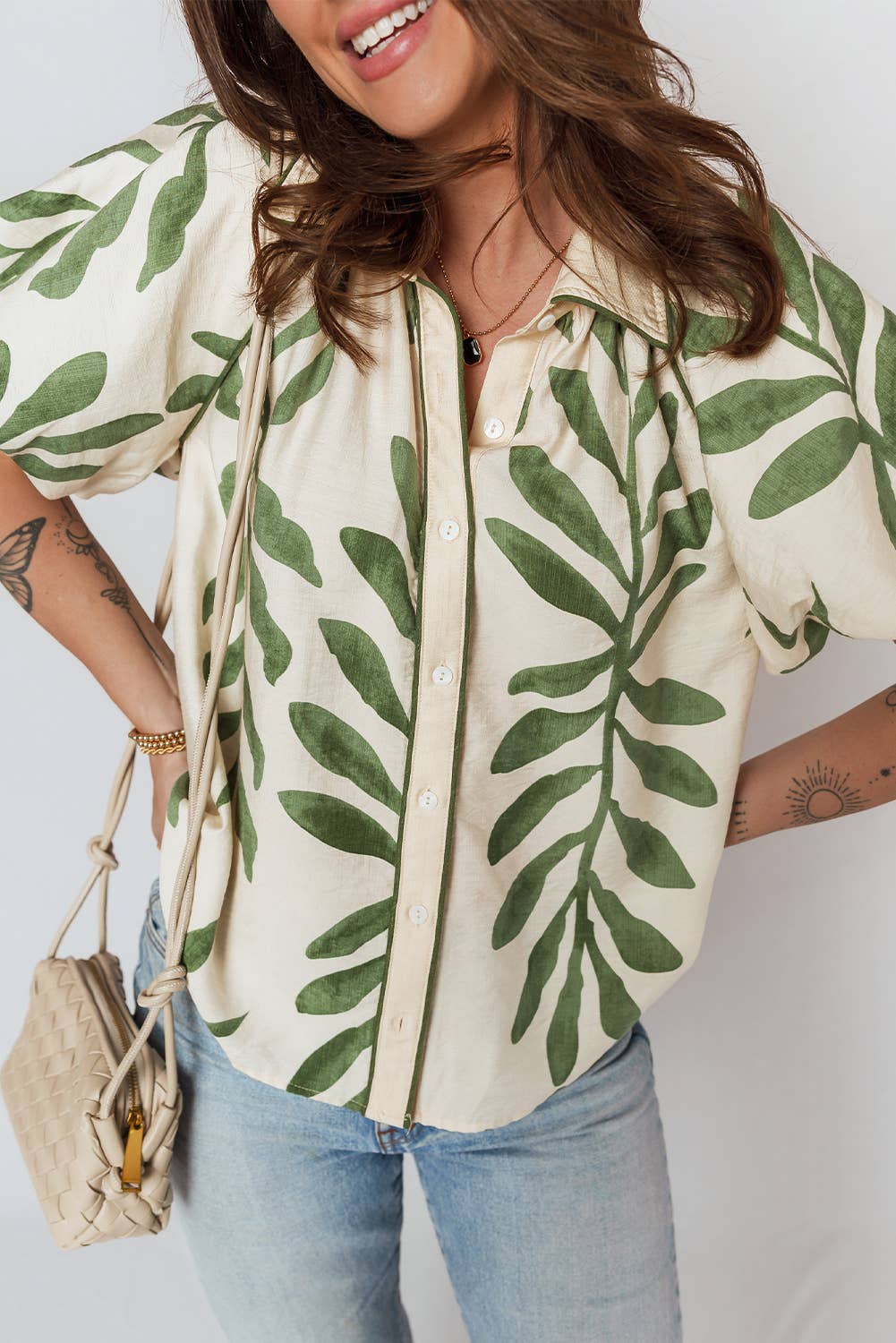 Green Leaf Balloon Sleeve Shirt