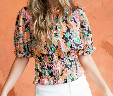 THML Floral Print Smocked Top