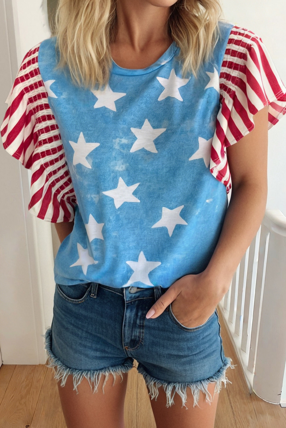 Star & Stripe Ruffle Sleeve Top