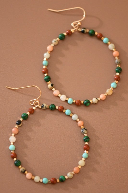 Natural Stone Beaded Circle Drop Earrings