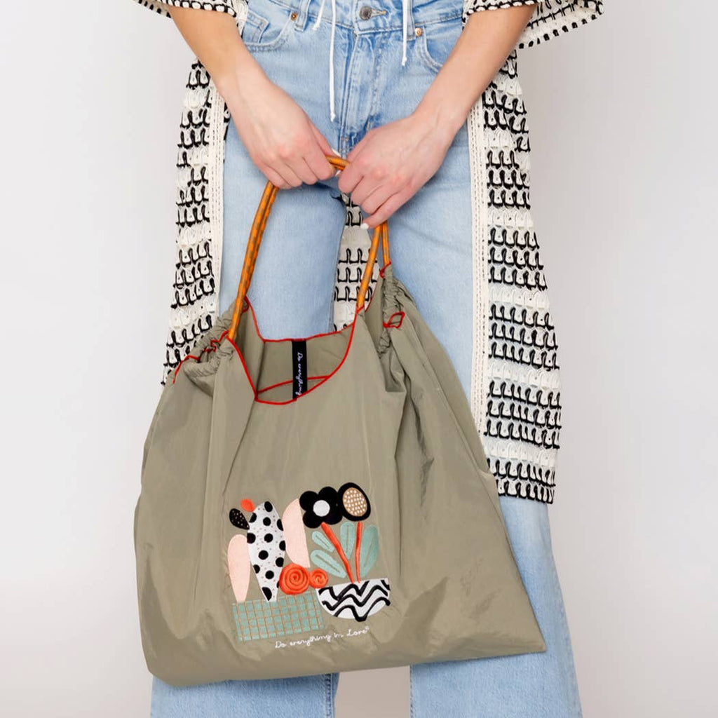 Flower Pot Embroidered Light Weight Handbag