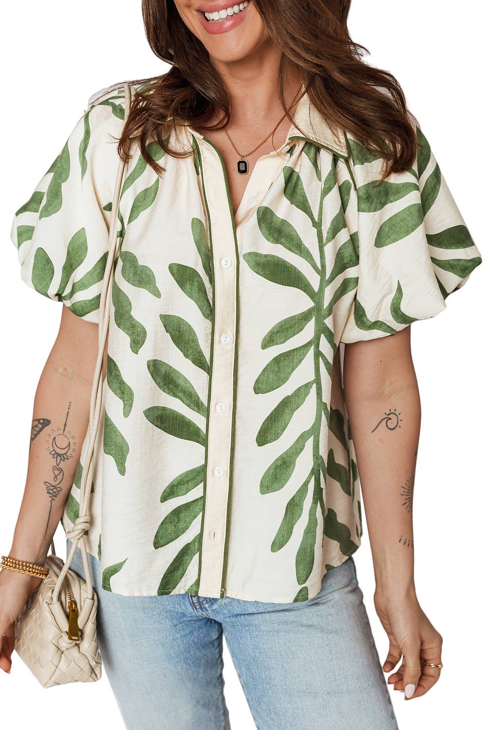 Green Leaf Balloon Sleeve Shirt