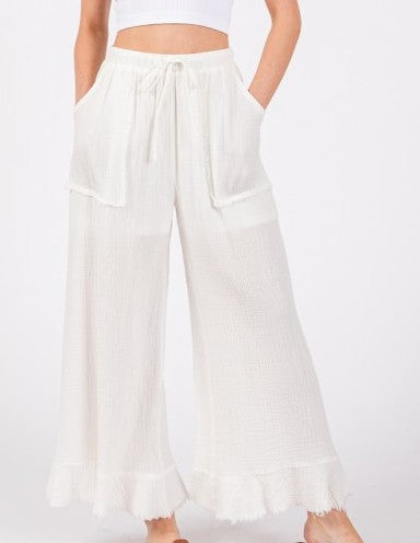 Mineral Washed Wide Leg Ruffle Pants